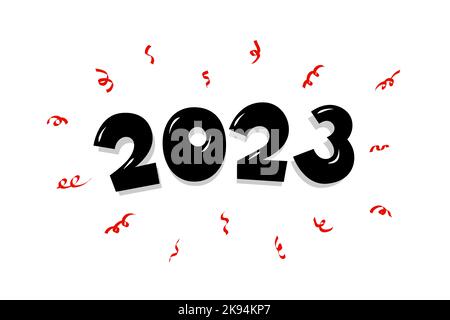 Cartoon handgezeichnete Comic-Text Schriftzug Nummer mit Konfetti. Frohes neues Jahr 2023 und frohe Weihnachten Weihnachtsgrußkarten-Design. Xmas-Vektor-eps-Abbildung auf weißem Hintergrund Stock Vektor