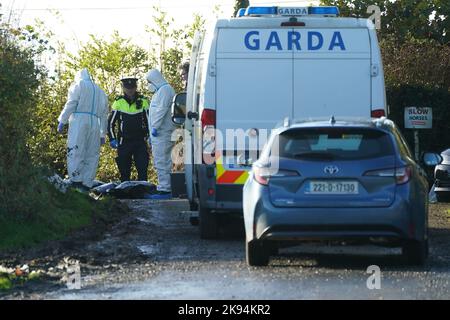 Mitglieder des Garda-Forensik-Teams am Tatort in Rattin bei Milltownpass, Co Westmeath, nachdem der Leichnam eines Mannes im Alter von 60s Jahren in einem Haus entdeckt wurde. Bilddatum: Mittwoch, 26. Oktober 2022. Stockfoto