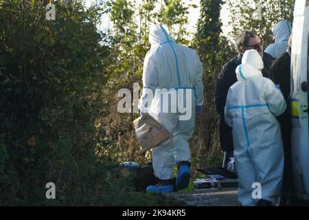 Mitglieder des Garda-Forensik-Teams am Tatort in Rattin bei Milltownpass, Co Westmeath, nachdem der Leichnam eines Mannes im Alter von 60s Jahren in einem Haus entdeckt wurde. Bilddatum: Mittwoch, 26. Oktober 2022. Stockfoto