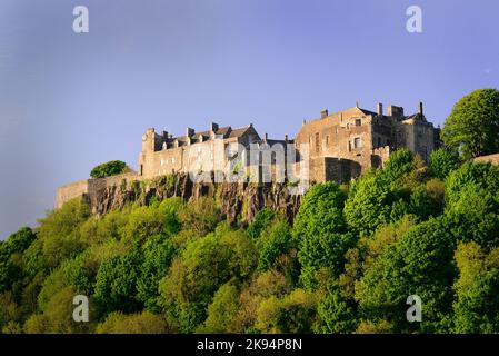 Der Blick aus der Tiefe auf Stirling Castle auf der grünen Klippe unter dem blauen Himmel Stockfoto