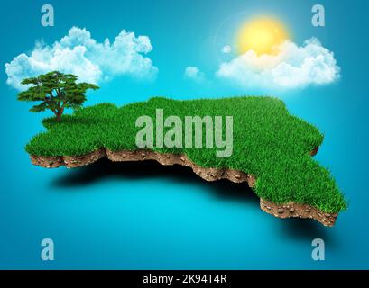 Brasilien Karte, realistisch 3D Karte der brasilianischen Wolken Baum-Sonnenstrahlen auf hellblauem Himmel 3D Illustration Stockfoto
