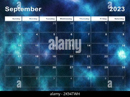 September 2023 Kalender, Wochenbeginn Sonntag, modernes Design Stockfoto