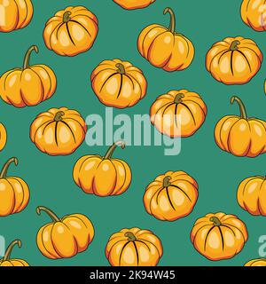 Nahtloses Muster mit halloween Kürbissen auf farbigem Hintergrund. Beängstigende und lustige Gesichter. Niedlicher Kürbis oder Geist. Vektor Herbst Urlaub Illustration Stock Vektor