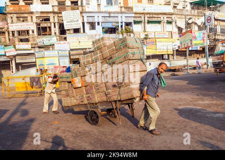 DELHI, INDIEN - NOV 9: Rikscha-Fahrer transportiert am frühen Morgen des 09,2011. November schwere Güter in Delhi, Indien. Zyklus-Rikschas wurden in D eingeführt Stockfoto