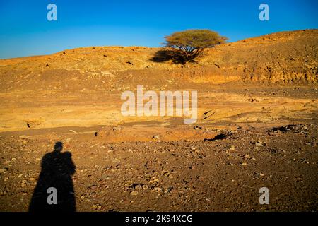 Riesige, wunderschöne Berge und Blick auf fossile Felsen während des frühen Sonnenaufgangs aus den VAE Stockfoto