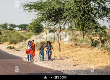 RAJASTHAN, INDIEN - 23. OKTOBER: Unbekannte Mädchen gehen am 23. Oktober 2012 zur Pushkar-Messe in Rajasthan, Indien. Pilger und Kamelhändler strömen Stockfoto