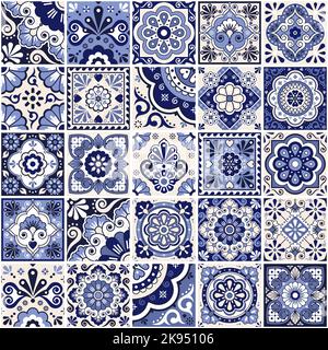Nahtloses Vektor-Muster mit mexikanischen Fliesen – großes Set marineblauer talavera-inspirierter Designs, perfekt für Tapeten, Wohndekor, Textilien oder Stoffdrucke Stock Vektor