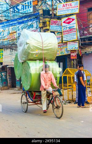 DELHI, INDIEN - NOV 10: Rikscha-Fahrer transportiert am frühen Morgen des 10,2012. November schwere Ladung in Delhi, Indien. Cycle Rikschas wurden in Delh eingeführt Stockfoto