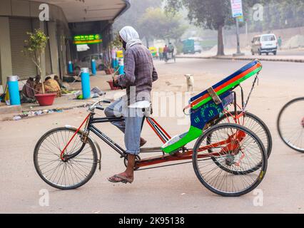 DELHI, INDIEN - 10. NOVEMBER: Rikscha-Fahrer wartet am frühen Morgen des 109,2012. November in Delhi, Indien, auf Passagiere. Cycle Rikschas wurden in Delh eingeführt Stockfoto