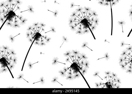 Nahtloser Hintergrund. Der Sandelionenflaum fliegt vom Wind weg. Stock Vektor