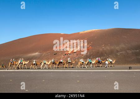 Timanfaya, Spanien - 2. April 2013: Touristen reiten auf Kamelen, die von Einheimischen durch den berühmten Nationalpark Timanfaya auf Lanzarote, Spanien, geführt werden. Stockfoto