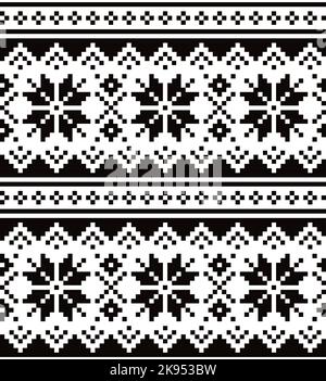 Weihnachten Winter Vektor nahtloses Schwarz-Weiß-Muster mit Schneeflocken, inspiriert von den Sami-Menschen, Lappland Folk Art Design, traditionelles Stricken und E Stock Vektor