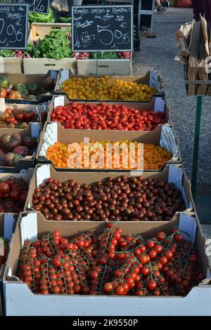 Gartentomate (Solanum lycopersicum, Lycopersicon esculentum), frische verschiedene Tomatensorten an einem Marktstand, Frankreich, Bretagne, Erquy Stockfoto