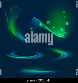Blaue und grüne Farben. Design für Gerätebildschirm, Hintergrundbild. Set aus farbenfrohen Neonlinsen und Lichtreflexen mit transparenten Effekten auf dunkelblauem Hintergrund Stockfoto