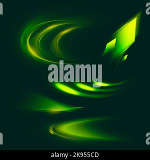 Gelbe und grüne Farben. Design für Gerätebildschirm, Hintergrundbild. Set aus farbenfrohen Neonlinsen und Lichtreflexen mit transparenten Effekten auf dunkelblauem Hintergrund Stockfoto