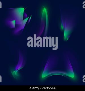 Violette und grüne Farben. Design für Gerätebildschirm, Hintergrundbild. Set aus farbenfrohen Neonlinsen und Lichtreflexen mit transparenten Effekten auf dunkelblauem Hintergrund Stockfoto