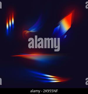 Leichte Lecks. Design für Gerätebildschirm, Hintergrundbild. Set aus farbenfrohen Neonlinsen und Lichtreflexen mit transparenten Effekten auf dunkelblauem Hintergrund. Kunst Stockfoto