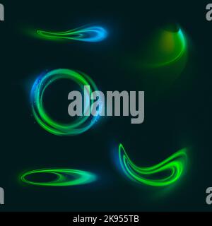 Blaue und grüne Farben. Design für Gerätebildschirm, Hintergrundbild. Set aus farbenfrohen Neonlinsen und Lichtreflexen mit transparenten Effekten auf dunkelblauem Hintergrund Stockfoto