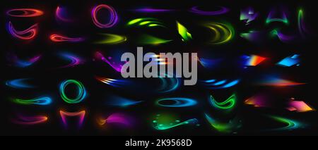 Set aus farbenfrohen Neonlinsen und Lichtreflexen mit transparenten Effekten auf dunkelblauem Hintergrund. Verlaufsfarben. Design für Tapeten. Stockfoto
