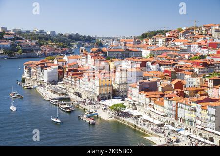 Blick aus der Vogelperspektive auf das alte Porto und den Fluss Douro, Portugal Stockfoto