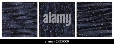 Set von abstrakten quadratischen Poster handgefertigten Aquarell Pinsel gezeichnet Hintergrund mit golden glänzenden magischen Partikel Staub. Elegante luxuriöse dunkelblaue Tapete Stock Vektor