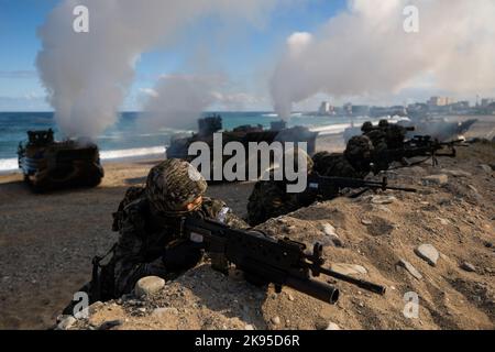 Pohang, Südkorea. 26. Oktober 2022. Südkoreanische Marineinfanteristen nehmen am Mittwoch, den 26. Oktober 2022, an der gemeinsamen amphibischen Übung von Hoguk in Pohang, Südkorea, Teil. Foto: SeongJoon Cho/Pool Via Credit: SIPA USA/Alamy Live News Stockfoto