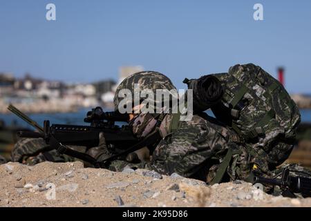 Pohang, Südkorea. 26. Oktober 2022. Südkoreanische Marineinfanteristen nehmen am Mittwoch, den 26. Oktober 2022, an der gemeinsamen amphibischen Übung von Hoguk in Pohang, Südkorea, Teil. Foto: SeongJoon Cho/Pool Via Credit: SIPA USA/Alamy Live News Stockfoto