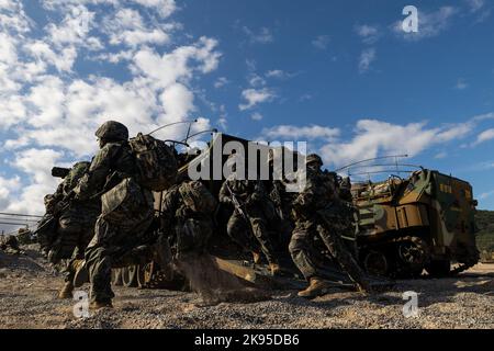 Pohang, Südkorea. 26. Oktober 2022. Südkoreanische Marineinfanteristen nehmen am Mittwoch, den 26. Oktober 2022, an der gemeinsamen amphibischen Übung von Hoguk in Pohang, Südkorea, Teil. Foto: SeongJoon Cho/Pool Via Credit: SIPA USA/Alamy Live News Stockfoto