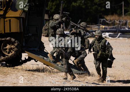 Pohang, Südkorea. 26. Oktober 2022. Südkoreanische Marineinfanteristen nehmen am Mittwoch, den 26. Oktober 2022, an der gemeinsamen amphibischen Übung von Hoguk in Pohang, Südkorea, Teil. Foto: SeongJoon Cho/Pool Via Credit: SIPA USA/Alamy Live News Stockfoto