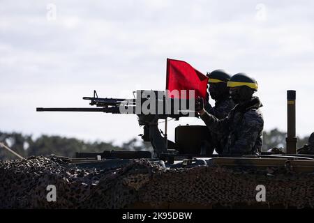 Pohang, Südkorea. 26. Oktober 2022. Südkoreanische Marineinfanteristen nehmen am Mittwoch, den 26. Oktober 2022, an der gemeinsamen amphibischen Übung von Hoguk in Pohang, Südkorea, Teil. Foto: SeongJoon Cho/Pool Via Credit: SIPA USA/Alamy Live News Stockfoto