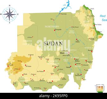 Sehr detaillierte physische Karte des Sudan im Vektorformat, mit allen Reliefformen, Regionen und großen Städten. Stock Vektor