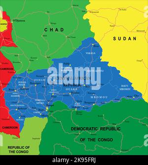 Hochdetaillierte Vektorkarte der Zentralafrikanischen Republik mit Verwaltungsregionen, Hauptstädten und Straßen. Stock Vektor