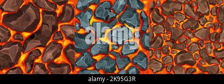 Lava, Magma mit Steinen im Cartoon-Stil nahtlose Muster Hintergrund. Eruptionseffekt, Landschaft. Struktur, Design. Vektorgrafik Stock Vektor