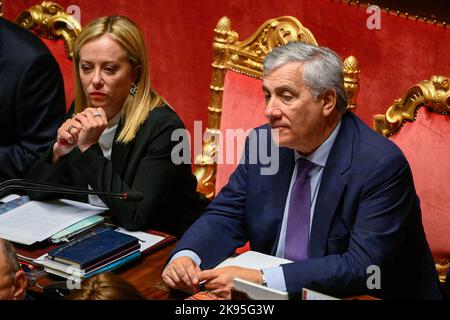 Antonio Tajani Ministro degli Affari Esteri e della cooperazione Internazionale e vicepremier während der Sitzung im Palazzo Madama in Rom das Vertrauensvotum der Regierung Meloni am 26. Oktober 2022 in Rom, Italien. Stockfoto