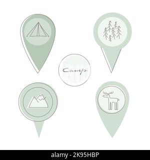 Set aus einfachem Kartenzeiger, Standortsymbol mit Strichzeichnung über Camp, Natur, Outdoor-Freizeit für Design. Stock Vektor