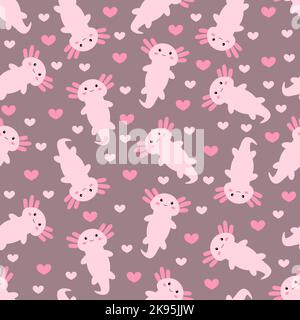 Ein wunderschönes, nahtloses Muster aus süßem pinkfarbenem Axolotl-Cartoon auf lila Hintergrund Stock Vektor