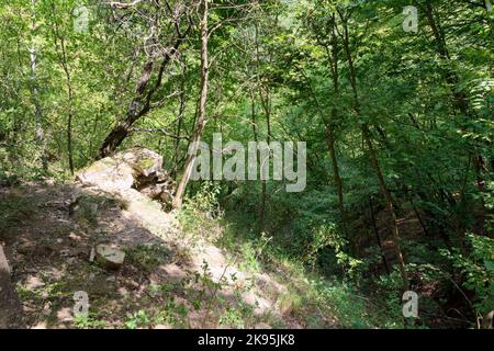 Überreste der eingefallenen St. Michaels Kirche in der Nähe der Höhle, in der die Tradition besagt, dass der Heilige Kolumbanus gestorben ist - Kolibakterien in der Nähe von Bobbio, Piacenza, Italien Stockfoto