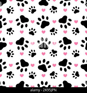 Ein nahtloser Hintergrund mit Tierpfote und rosa Herz Stock Vektor