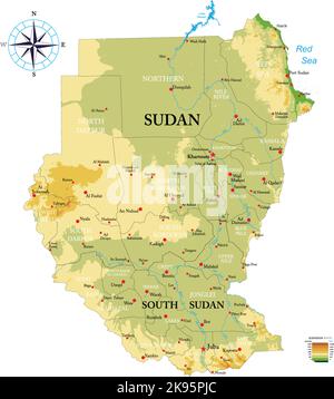 Sehr detaillierte physische Karte des Sudan und Südsudan im Vektorformat, mit allen Reliefformen, Regionen und großen Städten. Stock Vektor