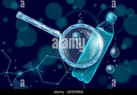 3D Wasserflasche polygonales Banner. Aqua Liquid Paket. Kunststoff transparent Getränk Vollgetränk sauberes natürliches artesisches Trinkwasser. Schwach poly dunkel Stock Vektor