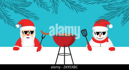 Niedlicher weihnachtsmann und Schneemann mit Sonnenbrille beim weihnachts-bbq Stock Vektor