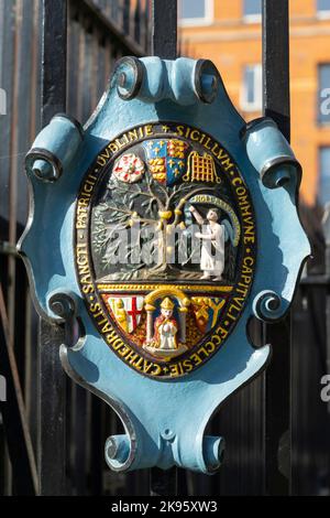 Irland Dublin St. Patrick's Cathedral die Kirche von Irland gründete 1191 das gotische Wappen am äußeren Tor Sicillum Commune Capituli Ecclesie Stockfoto