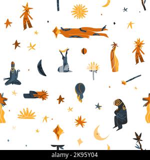 Magische kosmische Illustration Clipart nahtlose Muster mit Mond, Stern und niedlichen Alien characters.Cosmic abstrakten background.Cartoon style.Hand gezeichnet Stock Vektor