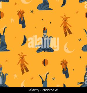 Magische kosmische Illustration Clipart nahtlose Muster mit Mond, Stern und niedlichen Alien characters.Cosmic abstrakten background.Cartoon style.Hand gezeichnet Stock Vektor