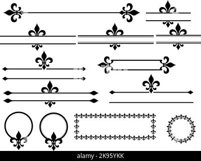 Kalligraphische florierende Designelemente auf weißem Hintergrund. fleur de Lis Bordüren und Rahmen Zeichen. Stockfoto