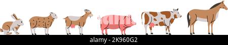 Set von Nutztieren. Kaninchen, Schafe, Ziege, Schwein, Kuh, Silhouetten des Pferdes. Bauernhof Tiere Charakter auf weißem Hintergrund isoliert gesetzt Stock Vektor