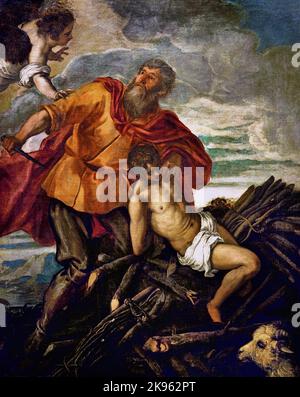 Sacrifice of Isaac, 1550-1555, Jacopo Robusti, genannt Tintoretto, Uffizien, Florenz, Italien. Florenz, Italien. Gott bittet Abraham, seinen Sohn Isaak zu opfern, den Berg Moriah, Abraham beginnt, sich zu halten, als ein Bote Gottes ihn unterbricht, sieht Abraham dann einen Widder und opfert ihn stattdessen, Stockfoto
