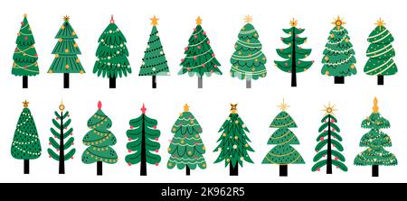 Weihnachtsbäume. Niedliche bunte Neujahr Dekoration, traditionelle Weihnachtskiefern mit Lichtern Girlande Stern für Grußkarte Einladung Banner. Vektorset Stock Vektor