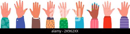 Handsatz hochgehoben. Multiethnische und vielfältige Hände erhoben. Menschliche Arme mit zusammenragenden Accessoires. Internationale Freiwilligengemeinschaft Stock Vektor