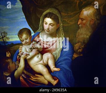 Madonna mit Kind ,mit dem Johanneskind, Madonna der Rosen, von Tizian, (Pieve di Cadore 1488/90 - Venedig 1576), Florenz, Italien. Stockfoto